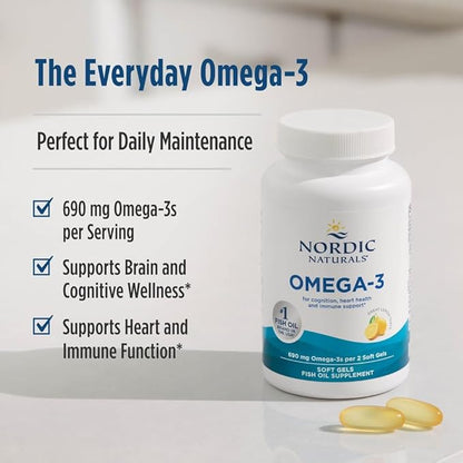 Nordic Naturals Omega-3, Lemon Flavor - 90 Soft Gels - 690 mg Omega-3 - Fish Oil - EPA & DHA - Immune Support, Brain & Heart Health, Optimal Wellness - Non-GMO - 45 Servings
