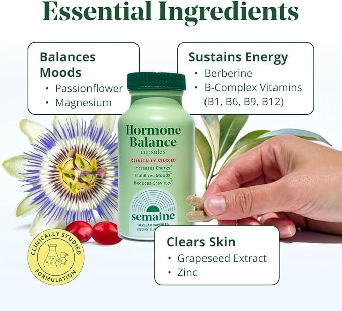 Semaine Hormone Balance – Clearer Skin, Enhanced Moods, Deeper Sleep & Happier Hormones. Hormone-Free, Vegan Capsule, Multi-Symptom Support (60 ct)