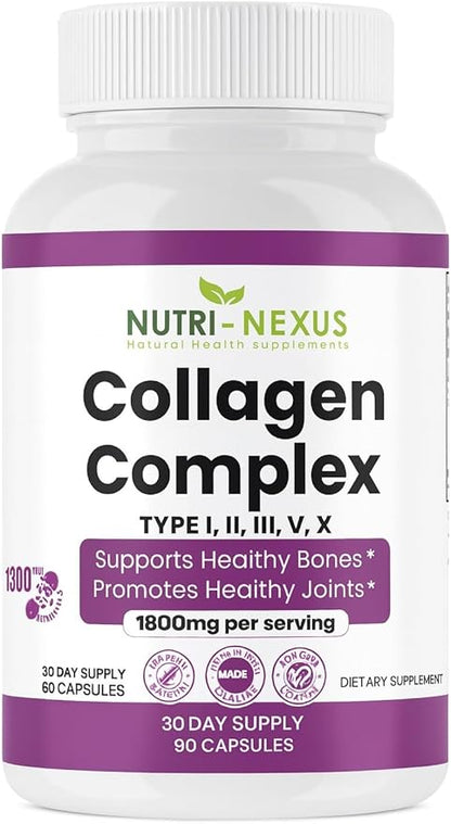 Multi Collagen Peptides Types I, II, III, V & X – Hydrolyzed Bovine Collagen Capsules -Supports Skin, Hair & Nail Wellness – Collagen Supplement for Women & Men