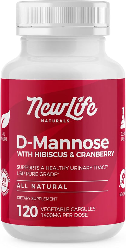 NewLife Naturals D-Mannose Capsules | w/Cranberry and Hibiscus Extracts | Natural Urinary Tract Health Supplement | 1400mg Pure Veggie Powder | 120 Veggie Capsules