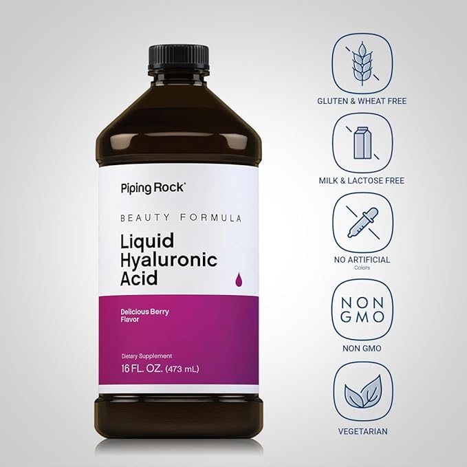Piping Rock Liquid Hyaluronic Acid Supplement | 100mg | 16 fl oz | Natural Berry Flavor | Vegetarian Formula | Non-GMO, Gluten Free