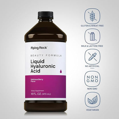 Piping Rock Liquid Hyaluronic Acid Supplement | 100mg | 16 fl oz | Natural Berry Flavor | Vegetarian Formula | Non-GMO, Gluten Free