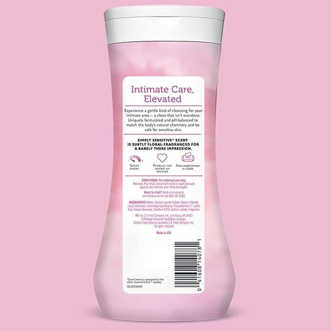 Summer's Eve Simply Sensitive All-Over Daily Feminine Wash, Gentle pH-Balanced Body Wash for Women, Removes Vaginal Odor, 15 Fl Oz