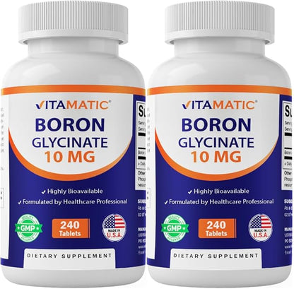 Vitamatic Chelated Boron (as Glycinate) 10mg 240 Tablets - Supports Hormone Balance, Bone Health & Connective Tissue- 2 Pack