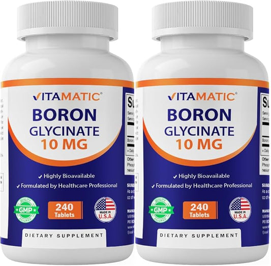 Vitamatic Chelated Boron (as Glycinate) 10mg 240 Tablets - Supports Hormone Balance, Bone Health & Connective Tissue- 2 Pack