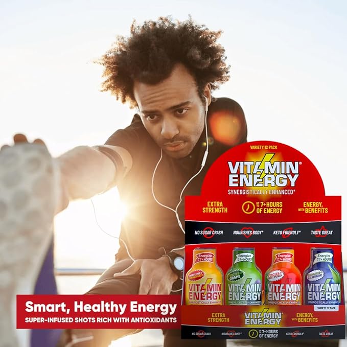 Vitamin Energy Extra Strength Energy Shot Variety Pack 12 Pack, 260mg Natural Caffeine, B-Vitamins, Vitamin D, NALT, Rhodiola, Mood, Focus, Immunity & Strength Support, Zero Sugar, Vegan, 1.93 fl oz