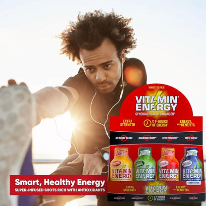 Vitamin Energy Extra Strength Energy Shot Variety Pack 12 Pack, 260mg Natural Caffeine, B-Vitamins, Vitamin D, NALT, Rhodiola, Mood, Focus, Immunity & Strength Support, Zero Sugar, Vegan, 1.93 fl oz