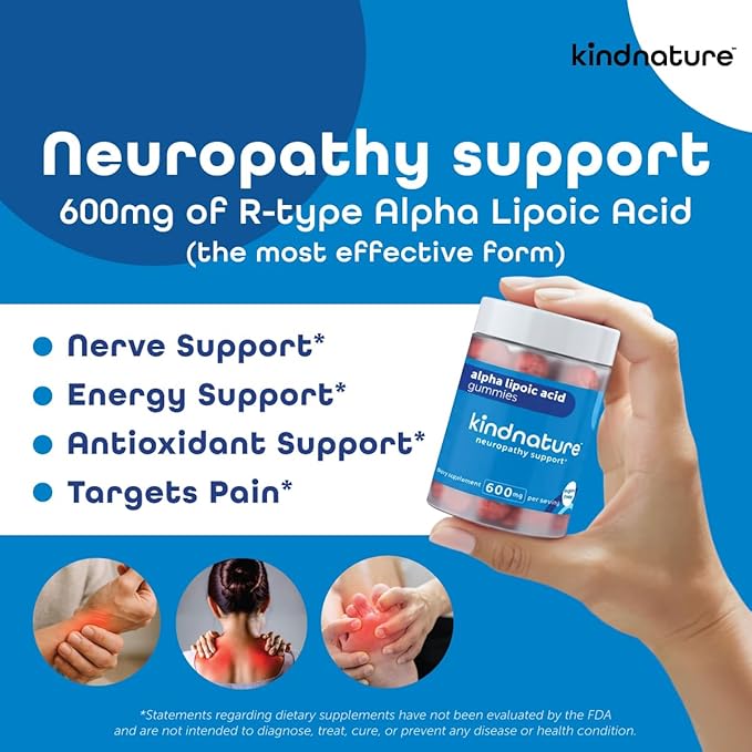 kindnature Alpha Lipoic Acid Gummies 600mg – Neuropathy Supplements – ALA for Nerve Comfort & Antioxidant Support – Sugar-Free, Vegan, Non-GMO – 90 Gummies