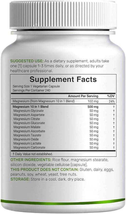 Magnesium Complex 500mg, 240 Veggie Capsules – 10-in-1 Glycinate, Citrate, Malate, Oxide, & More – 100% Chelated for Easy Absorption – Essential Mineral Supplement – Non-GMO