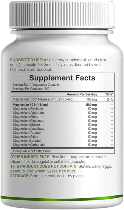 Magnesium Complex 500mg, 240 Veggie Capsules – 10-in-1 Glycinate, Citrate, Malate, Oxide, & More – 100% Chelated for Easy Absorption – Essential Mineral Supplement – Non-GMO