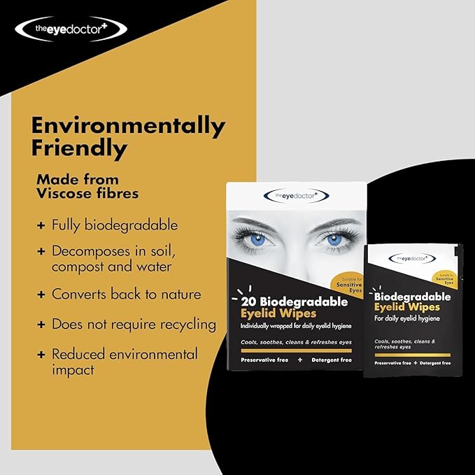 The Eye Doctor Biodegradable Eyelid Wipes - 20 x Single Use Eye Cleaning Wipes for Daily Lid Care - Individual Preservative Free Sensitive Eye Cleaner - Soothes Cleans and Refreshes