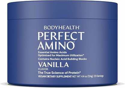 BodyHealth PerfectAmino - BCAA and EAA Powder for Pre and Post Workout - Amino Acid Energy Drink for Men and Women to Support Lean Muscle and Recovery - Vanilla - 20 Servings