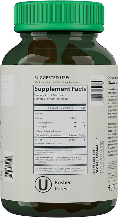 Saatvik Zero Sugar Ashwagandha & Vitamin D Gummy - 60 Count - Mixed Berry, KSM-66, Vegan, Plant Based, Non-GMO, Gluten-Free & Gelatin Free Relax. Restore. Unwind, Pack of 1