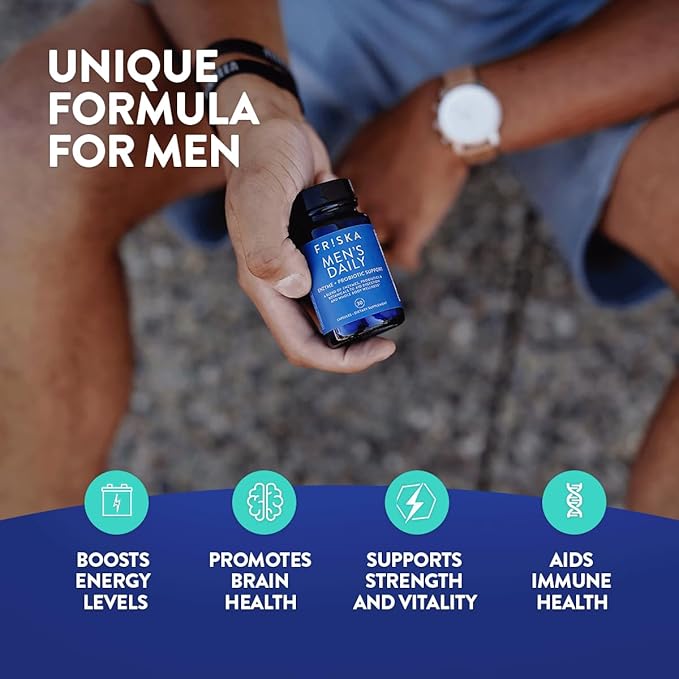 Friska Men’s Daily Gut Support - Digestive Enzymes, Probiotics to Help Break Down Foods, Supports Energy & Nutrient Absorption with Vitamins B6 & B12, 30 Capsules