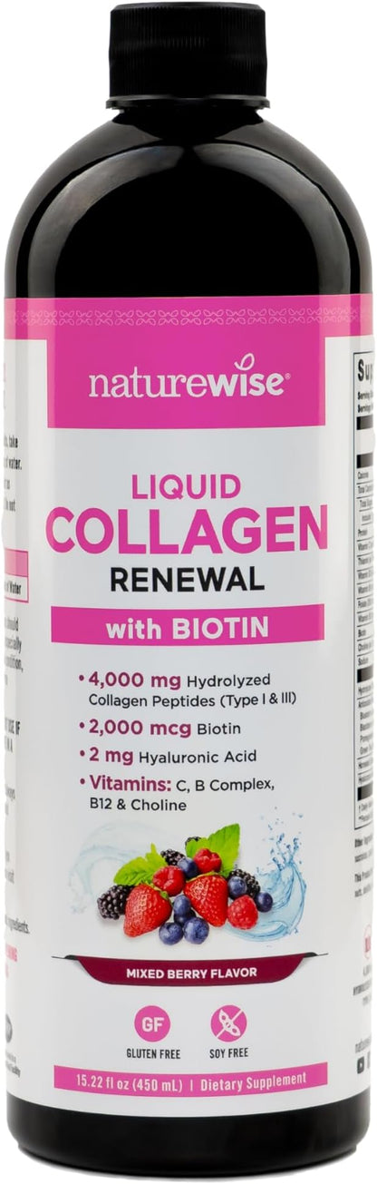 NatureWise Hydrolyzed Liquid Collagen for Women & Men 4000mg - Multi Collagen Peptides + Biotin + Vitamin C + Vitamin B Complex & Hyaluronic Acid - Mixed Berry - 15.22 fl oz[45 Day Supply]