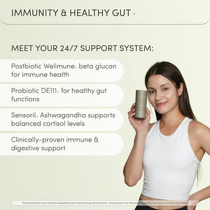 Defend Immune & Gut Support – Spore Probiotic DE111®, Beta Glucan, Ashwagandha – Supports Immunity, Gut Health, Stress & Bloating Relief Supplement – 60 Capsules