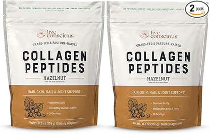 Live Conscious Collagen Peptides Powder - Hazelnut Collagen Powder - Hair, Skin, Nail, & Joint Support - Type I & III Grass-Fed Collagen Supplements for Women and Men - 30 Servings (2-Pack) - 12.4oz