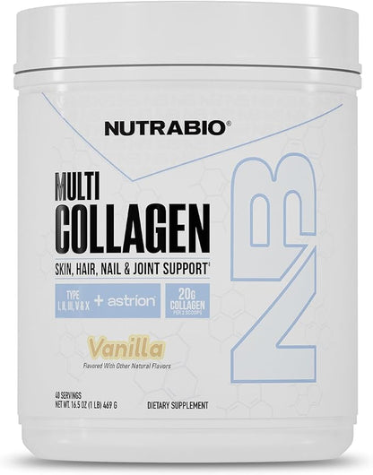 NutraBio Multi Collagen Powder- Hydrolyzed Collagen Peptides for Glowing Hair & Skin- Grass-Fed- Collagen Powder for Women and Men- 45 Servings- Vanilla