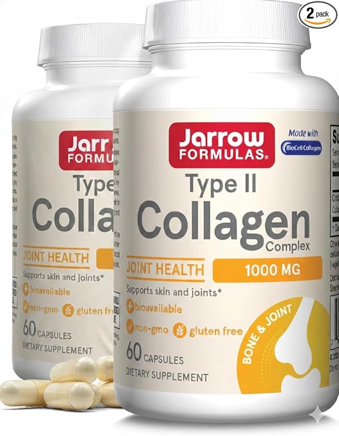 Jarrow Formulas® Type II Collagen Complex 1000 mg Supplements, Supports Skin and Joint Health, 60 Capsules, 30 Day Supply (Pack of 2)