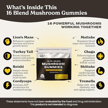 16 Blend Mushroom Gummies - Mushroom Gummies for Adults, Mushroom Supplement with Chaga, Lions Mane, Reishi, Cordyceps for Focus & Clarity, Supports Microdosing Mushrooms - Mixed Berry