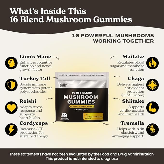 16 in 1 Blend Mushrooms Gummies for Adults - Lion's Mane Mushroom Supplement, Focus Gummies with Lions Mane, Lion's Mane for Adults, Natural Mushroom Supplement for Cognitive Support & Clarity
