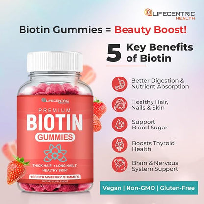 Biotin Gummies for Adults | Max Strength Biotin 10000mcg | Chewable Biotin Supplement for Women and Men | 100 Count Vegan Hair Gummies for Hair Skin and Nails