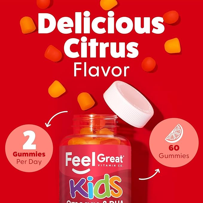 Feel Great Vitamins Kids DHA Gummies with Omega 3 6 9, Vitamin C | Supports Healthy Brain Function, Vision & Heart Health | Gluten Free, Vegetarian | 4 Pack