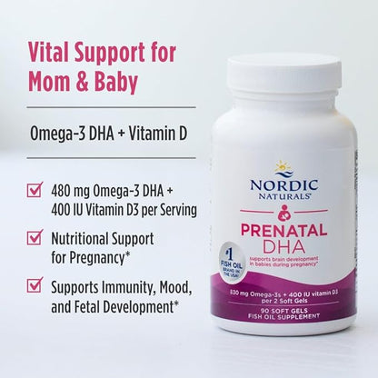 Nordic Naturals Prenatal DHA, Unflavored - 180 Soft Gels - 830 mg Omega-3 + 400 IU Vitamin D3 - Supports Brain Development in Babies During Pregnancy & Lactation - Non-GMO - 90 Servings