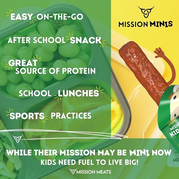 Mission Meats Kids Beef Sticks, 100% Grass Fed, Healthy Snacks for Kids, Zero Sugar, 9g Protein per Serving, Gluten & Nut Free, Individually Wrapped, Mini 0.5oz (72ct Bag)