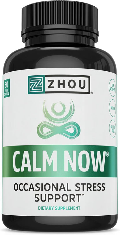 Zhou Calm Now - Calm Supplement, Calm Vitamins for Women & Men, Pills to Relax for Adults with GABA & Ashwagandha, Stress & Focus Support - 60 Veggie Capsules