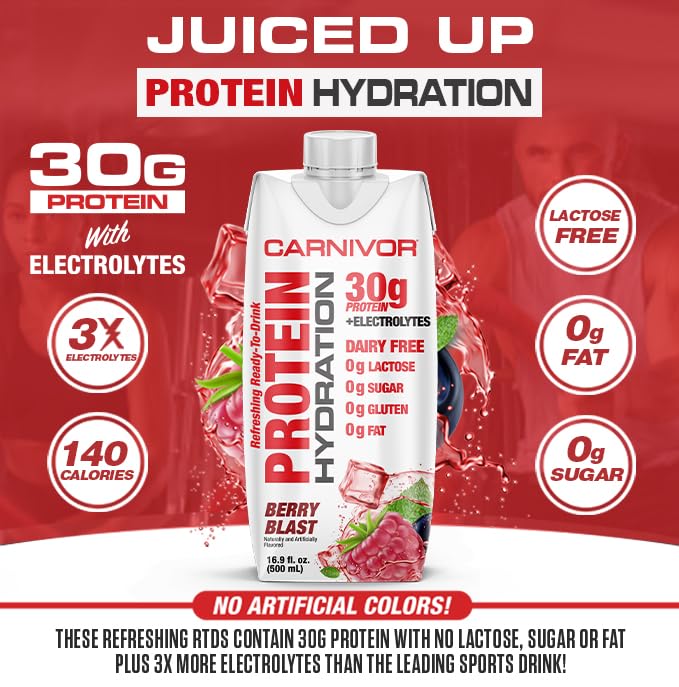 MuscleMeds Carnivor Protein Hydration RTD, Ready to Drink, Lactose Free, Sugar Free, 30g Isolate Protein, Halal Certified, Berry Blast, 16.9 Fl Oz (Pack of 12)