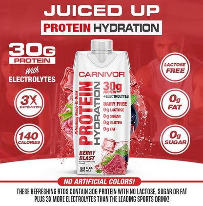 MuscleMeds Carnivor Protein Hydration RTD, Ready to Drink, Lactose Free, Sugar Free, 30g Isolate Protein, Halal Certified, Berry Blast, 16.9 Fl Oz (Pack of 12)