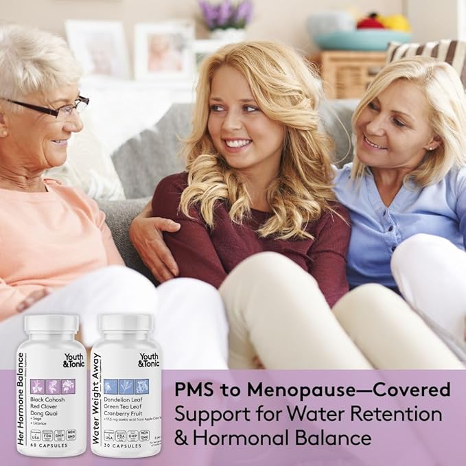 Youth & Tonic PMS & Menopause Bloating Relief Duo – Support for Puffiness, Hormonal Balance & Fluid Retention – Her Hormone Balance + Water Weight Away Natural Herbs for Women, 90 Capsules