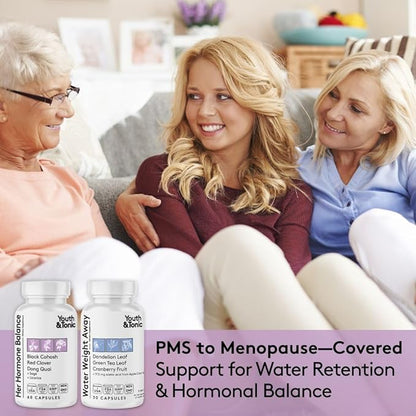 Youth & Tonic PMS & Menopause Bloating Relief Duo – Support for Puffiness, Hormonal Balance & Fluid Retention – Her Hormone Balance + Water Weight Away Natural Herbs for Women, 90 Capsules