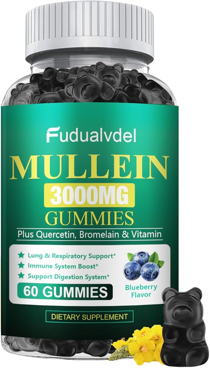 1 Pack 3000MG Organic Mullein Gummies for Lung, Mullein Leaf Extract for Lungs - Quercetin, Bromelain for Respiration，Immune and Digestive Support, 60 Count Blueberry Gummys