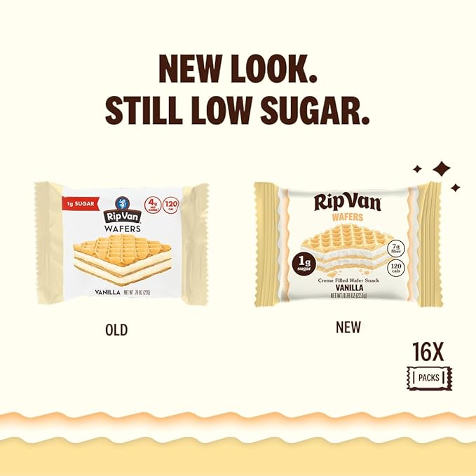 Rip Van Vanilla Keto Wafer Cookies, Healthy Vegan Snack, Non GMO, Low Carb, Low Sugar (1g), Low Calorie, 16 Count