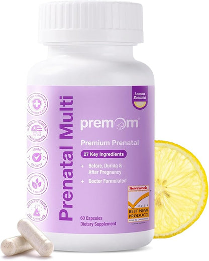 Premom Prenatal Vitamins for Women, 27-in-1 Womens Prenatal Multivitamin & Mineral Supplement, Pregnancy Essentials, 680mcg 5-MTHF Methylfolate, 225mg Choline, & Iron, 60 Veggie Capsules, Lemon Scent