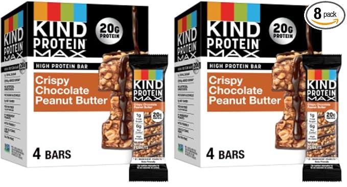 KIND Protein MAX Crispy Chocolate Peanut Butter Snack Bars, 20g of Protein, Keto Friendly, 1g of Sugar Per Bar, Gluten Free, 4 Count Box (Pack of 2)