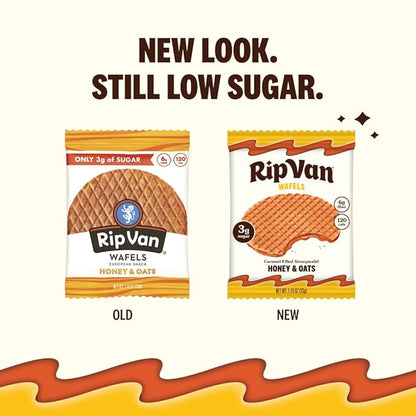 Rip Van Wafels Honey and Oats Stroopwafels, Healthy Snacks, Non-GMO, Keto Friendly, Office Snacks, Low Sugar (3g), Low Calorie, 12 Pack