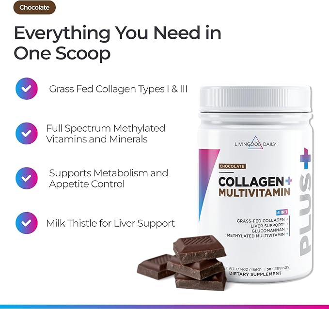 Livingood Daily Collagen Powder for Women & Men, Grass Fed Hydrolyzed Collagen Peptides, Protein & Multivitamins for Healthy Hair, Skin & Nails, Keto & Paleo, Gluten Free, Chocolate, 30 Servings