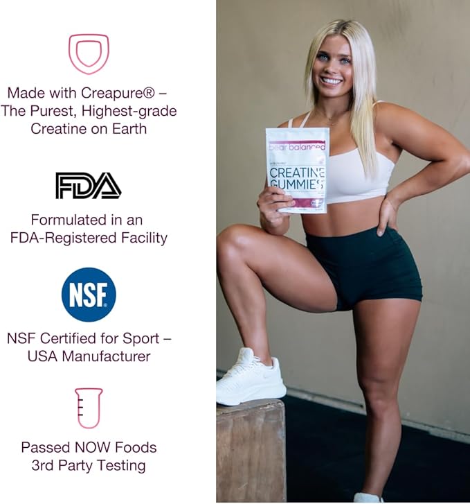 Bear Balanced Creatine Gummies for Men & Women - Creapure® Creatine Monohydrate, L-Theanine, L-Tyrosine & B12 for Muscle Growth, Strength, Focus, Energy & Health - Low Calorie, Sugar-Free, & Vegan