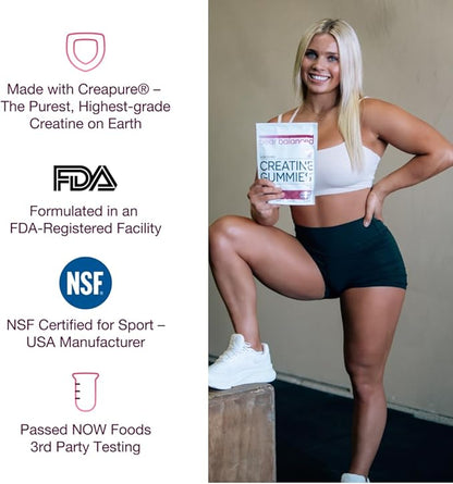 Bear Balanced Creatine Gummies for Men & Women - Creapure® Creatine Monohydrate, L-Theanine, L-Tyrosine & B12 for Muscle Growth, Strength, Focus, Energy & Health - Low Calorie, Sugar-Free, & Vegan