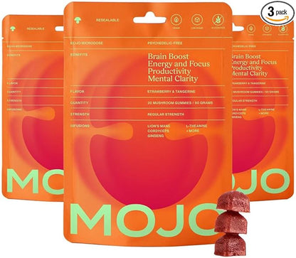 Mojo Focus Gummies with Lion’s Mane, Panax Ginseng, Ginger Root & Cordyceps, Brain Supplement for Memory and Focus, Nootropic Mushroom Gummies for Adults, Vegan Strawberry Tangerine, 3 Pack
