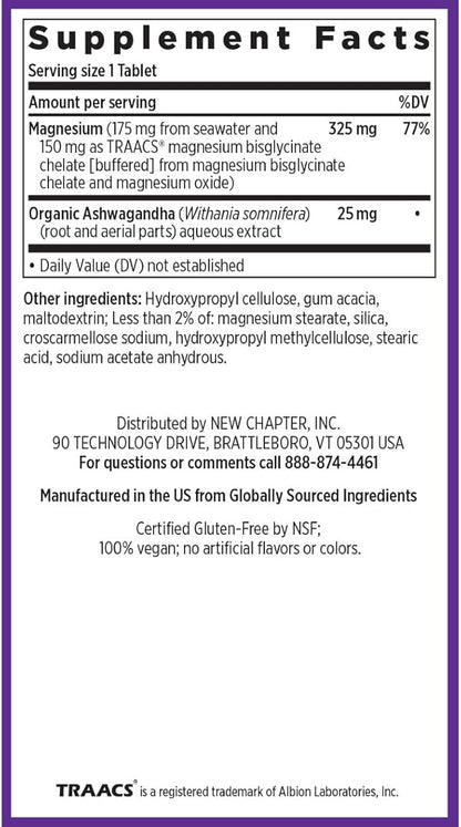 New Chapter Magnesium + Ashwagandha Supplement, 325 mg with Magnesium Glycinate for Muscle Relaxation & Recovery, Heart, Nerve & Bone Health, 2.5X Absorption, Non-GMO - 60 ct (2 Month Supply)