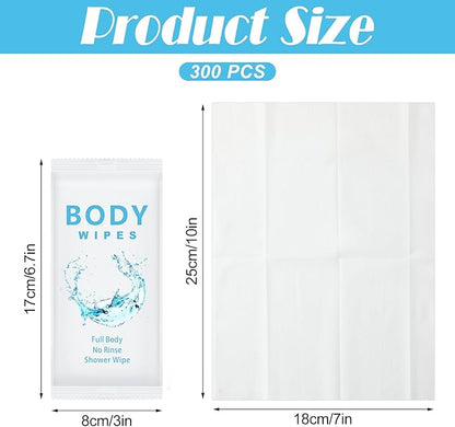 Treela 300 Pcs Large Body Wipes Bulk Deodorant Travel Size for Homeless Care Package Supplies Individually Wrapped Adults Bathing No Rinse Wet Wipes Men Women Hygiene Items(7.09" X 9.84",White)