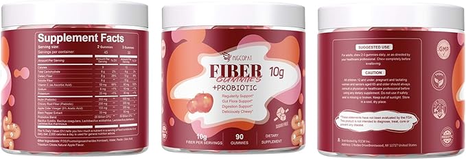 Migcopat Sugar Free Fiber Supplement, 10g Fiber Gummies for Adults, Apple Flavor with Probiotics, Vitamin C, ACV, Inulin, Support Digestive Health, 90 Count (Pack of 2)