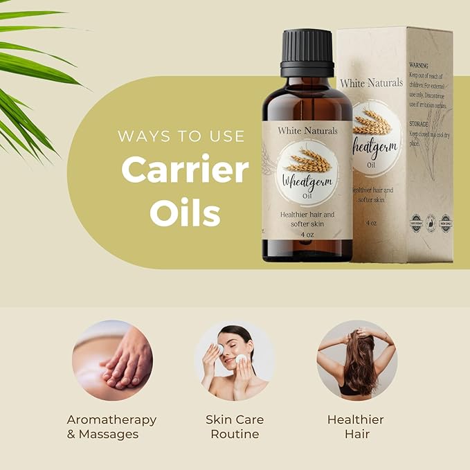 White Naturals Wheatgerm Carrier Oil, Cold-pressed Unrefined, Organic 100% Pure, Wheat Germ, Rich in Vitamin E, For Skin, Hair, Nails & Stretch Marks