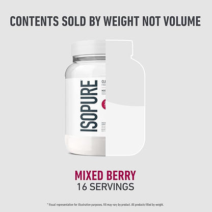 Isopure Clear Whey Isolate Protein Powder, Lactose Free, Gluten Free, Naturally Flavored, Mixed Berry, 20g Protein Per Serving, 14.1 Oz, 16 Servings (Packaging May Vary)