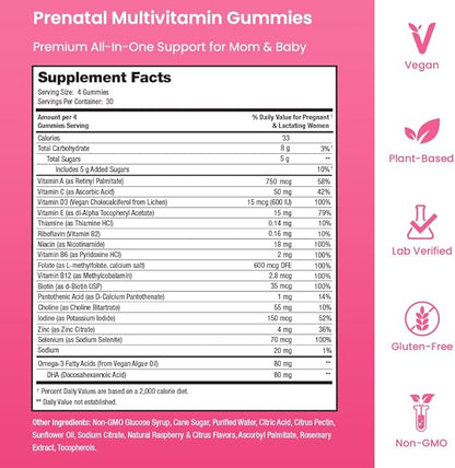 Prenatal Vitamin Gummies with DHA | Vegan Prenatal Vitamins for Women with Omega 3, Methylfolate, Choline & D3, Pregnancy Vitamins for Fetal Development | Gummy Multivitamin Supplement, 120 Count