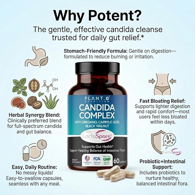 Candida Cleanse Supplement, Yeast Cleanse & Candida Support with Probiotics (LactoSpore®), Oregano Oil, Caprylic Acid, Black Walnut – Gut Health, Digestive Cleanse, Flora Balance – 60 Capsules